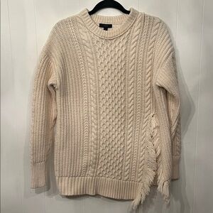 J. Crew Cream Cable Knit Crewneck Sweater with Asymmetrical Fringe Size Medium